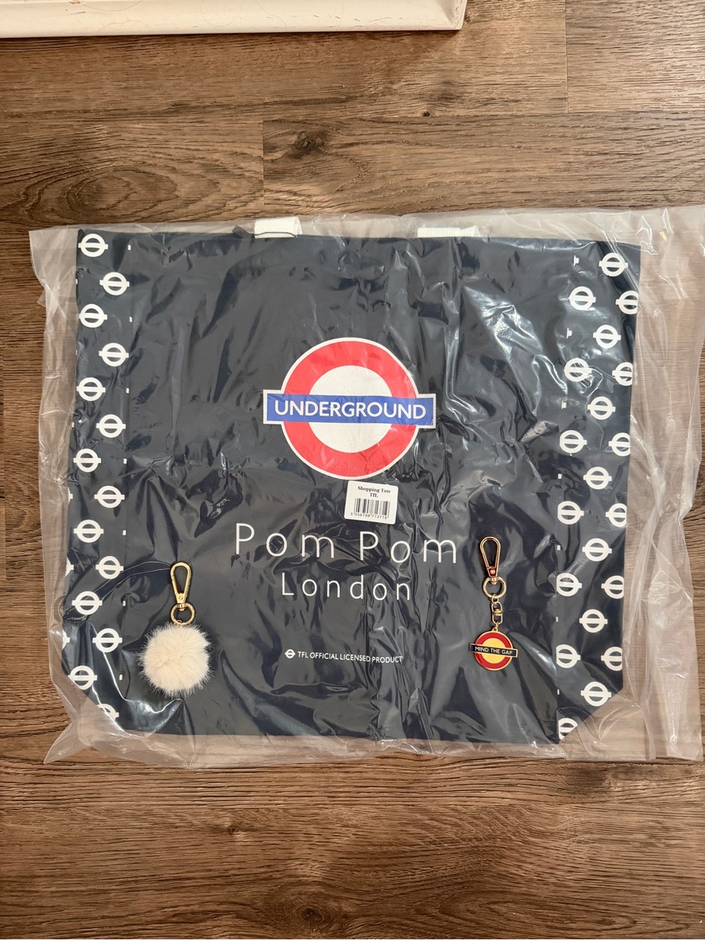 Pom Pom London TFL tote, Mind the Gap keyring and pom pom keyring